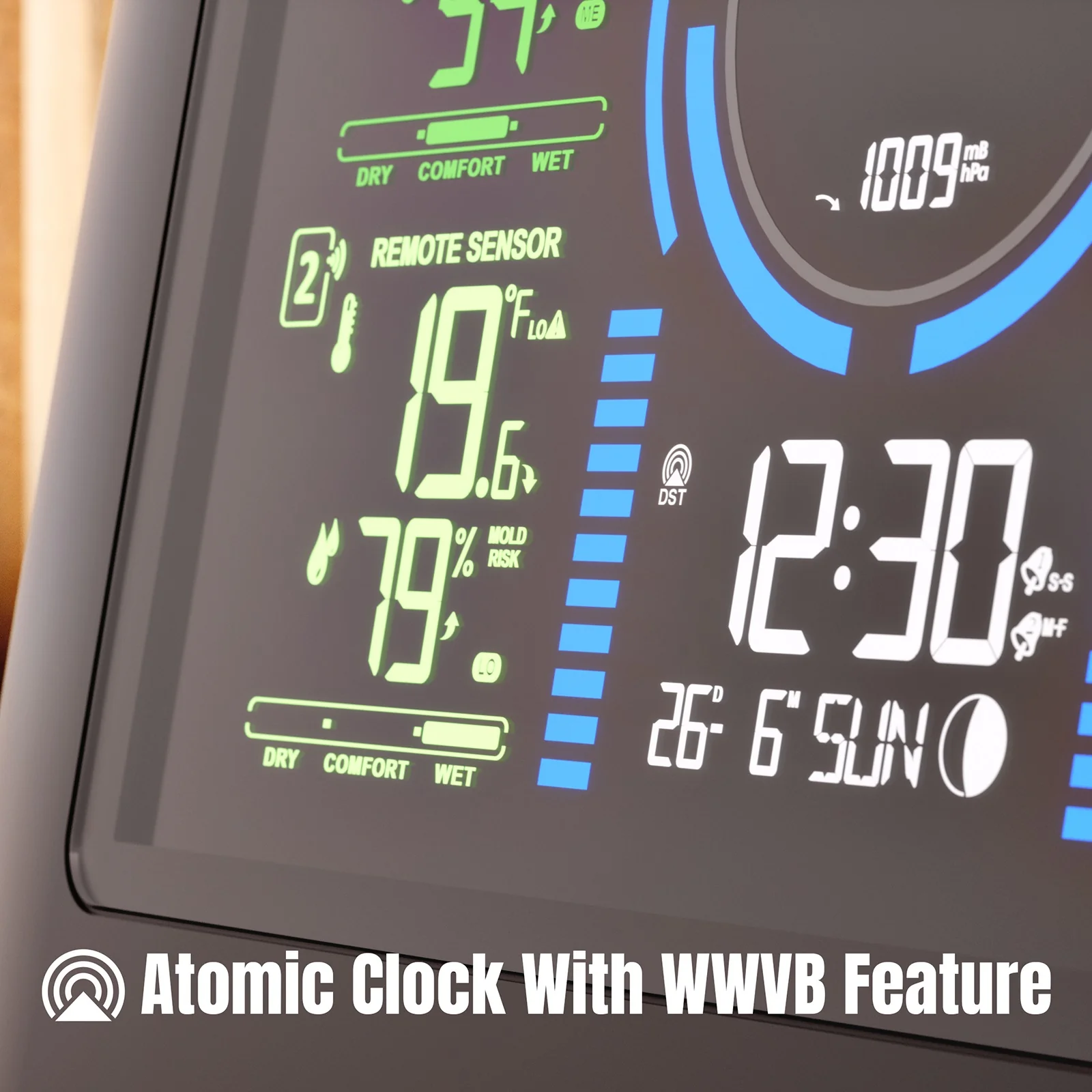 Raddy WF-80C Weather Station | 7.5'' Large Color Display | Adjustable Backlight | Atomic Clock | 3 Outdoor Sensors - Image 5