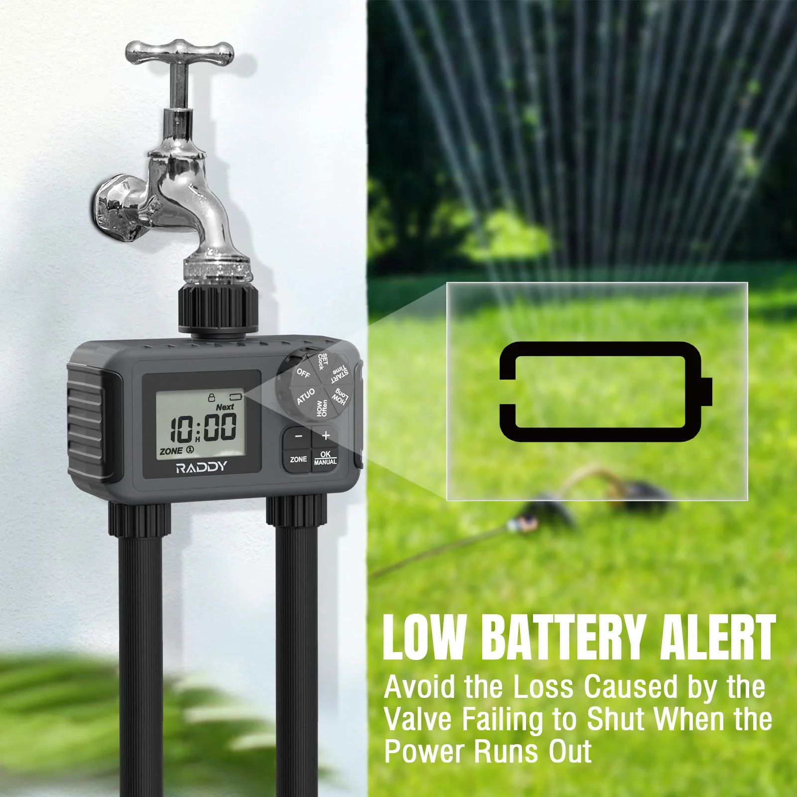 Raddy WS-5 Water Timer | 2 Outlet | IP55 Waterproof | Large Screen | Low BatteryAlert | Rain Delay | Manual Mode - Image 5