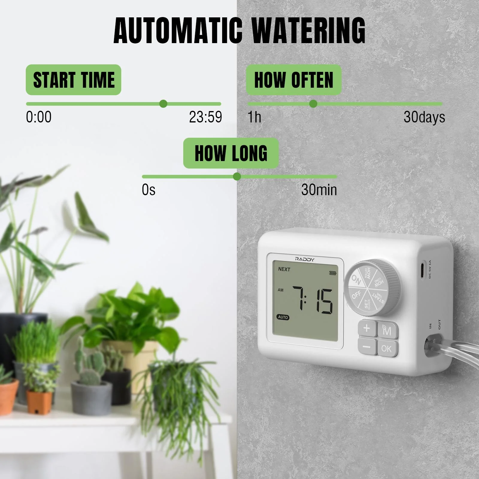 Raddy WS-6/WS-64 Automatic Drip Irrigation Kit | LCD Display | Programmable Water Timer | Water Shortage Alarm | for 15 Potted Plants - Image 3