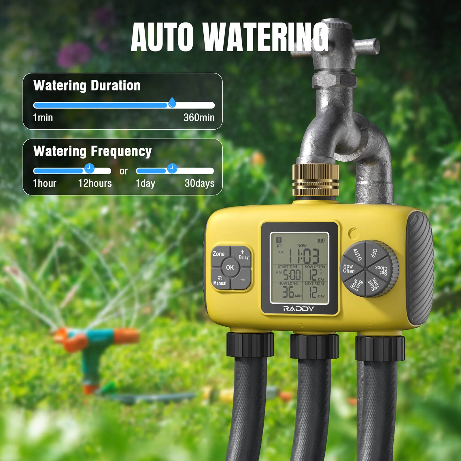 Raddy WS-8 Sprinkler Timer | 3 Zone | Large LCD Display |  IPX5 | Rain Delay | Auto Irrigation Timer - Image 3