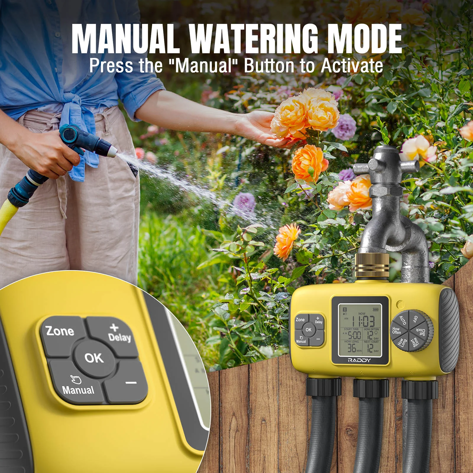 Raddy WS-8 Sprinkler Timer | 3 Zone | Large LCD Display |  IPX5 | Rain Delay | Auto Irrigation Timer - Image 9