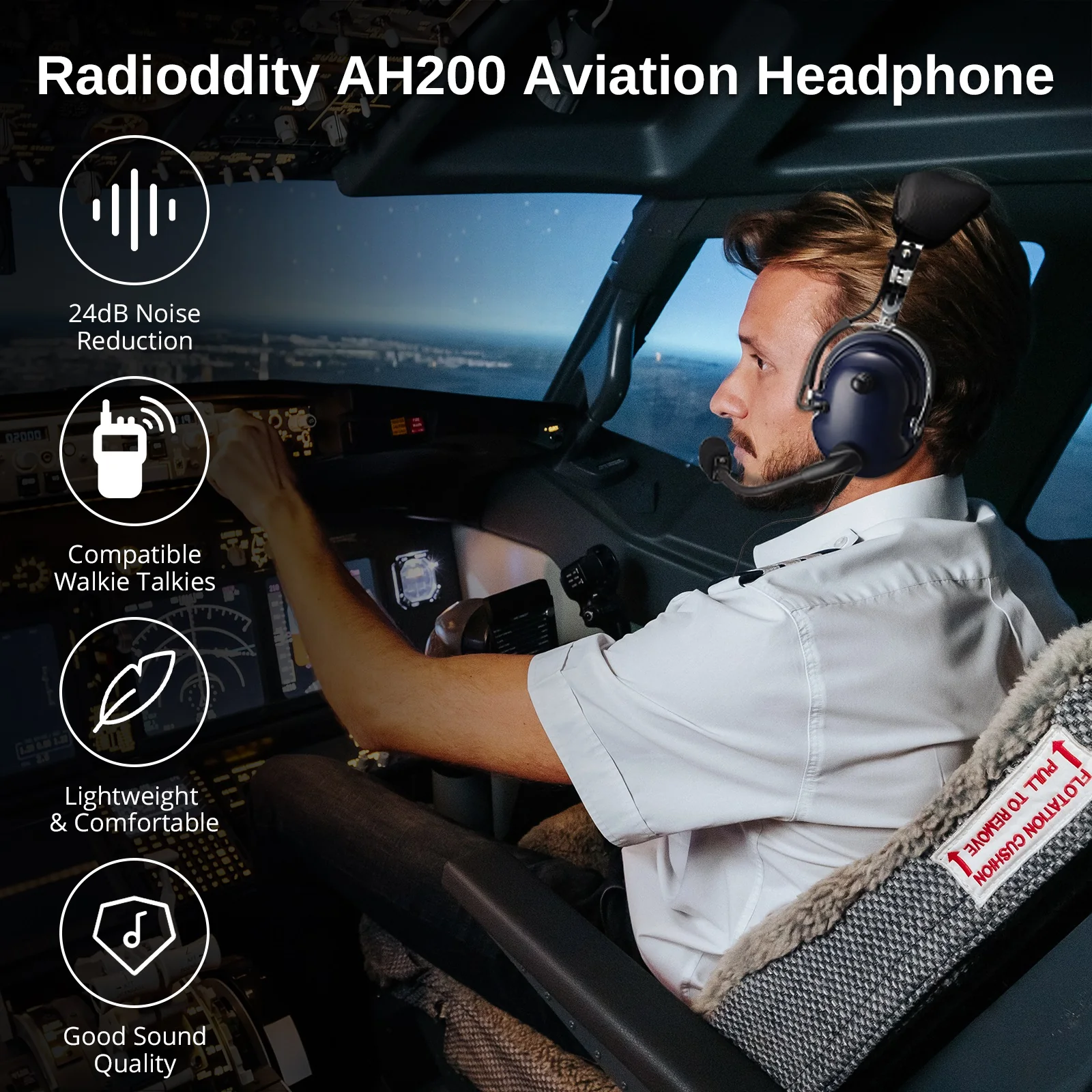 Radioddity AH200 General Aviation Headset | 24dB Noise Reduction | Adjustable Headband | 360° Full Flex Mic Boom - Image 7
