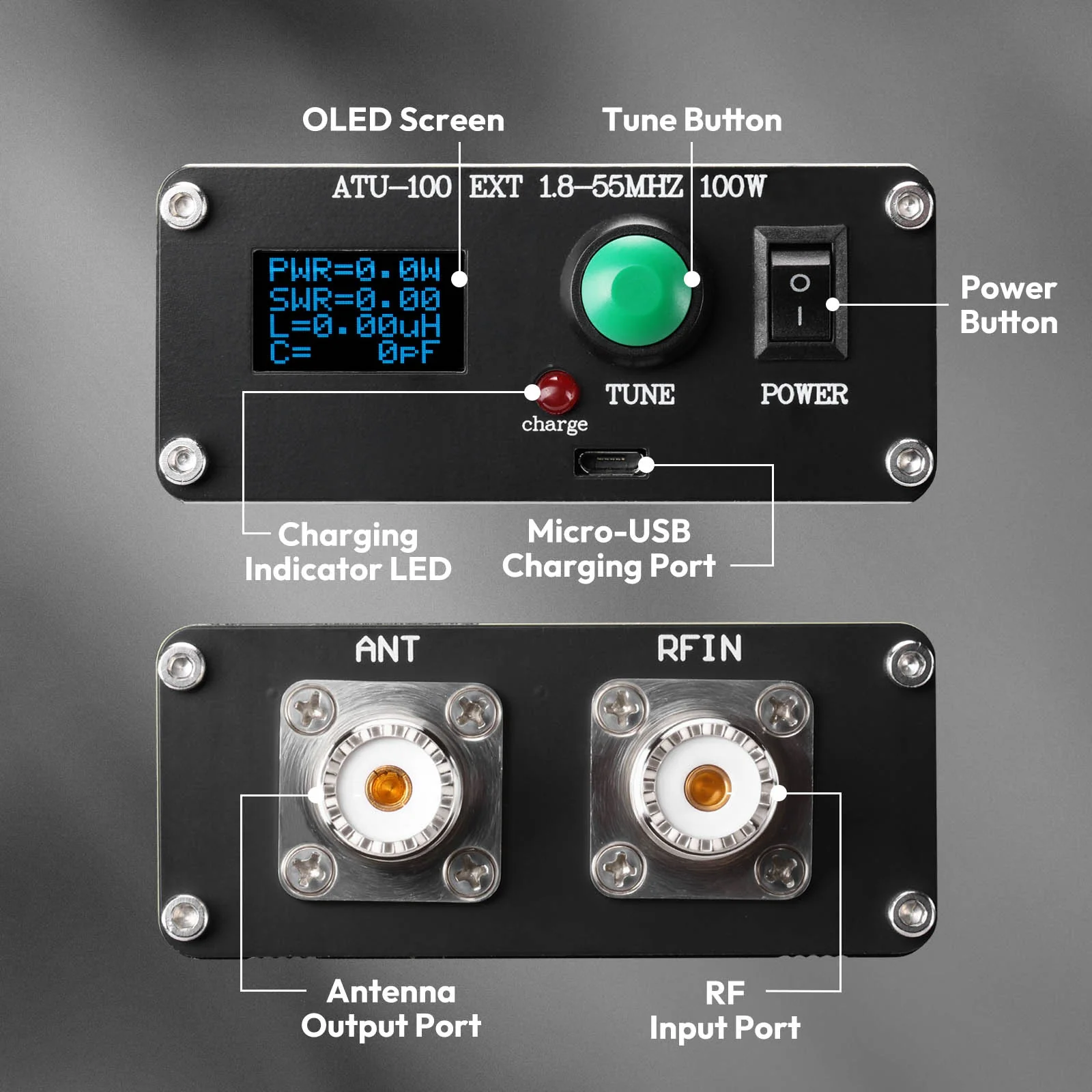 Radioddity ATU-100 Automatic Antenna Tuner | 1.8–55MHz | 0.96" OLED Display | 5000mAh Battery | Micro-USB Charging | HF Auto Tuner | For QRP Ham Radio Transceivers - Image 2