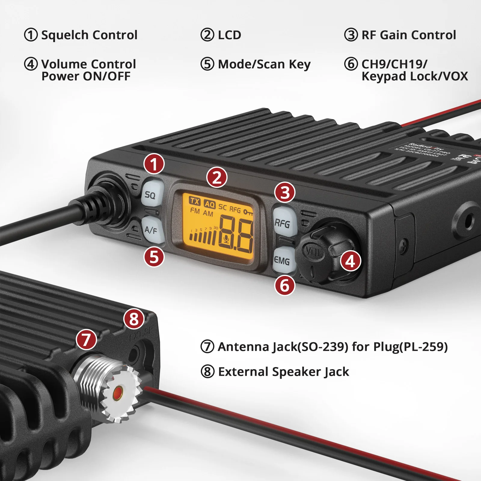 Radioddity CB-27 Pro CB Radio | AM/FM for US | 4W | VOX | RF Gain | Squelch Control - Image 3