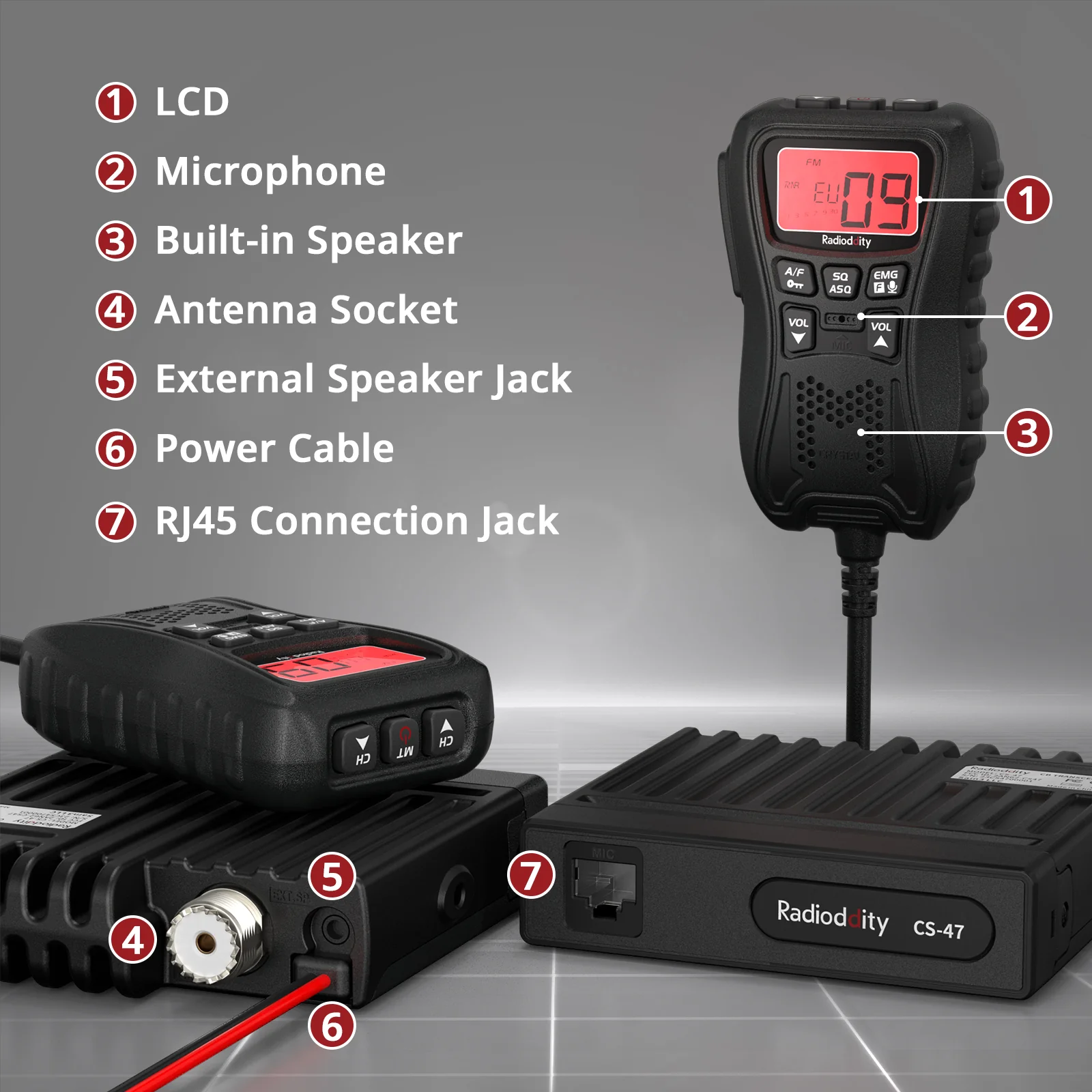 Radioddity CS-47 One Hander CB Radio | LCD Mic with Built-in Speaker | 7-Color Backlit | AM/FM | RF Gain | VOX - Image 4