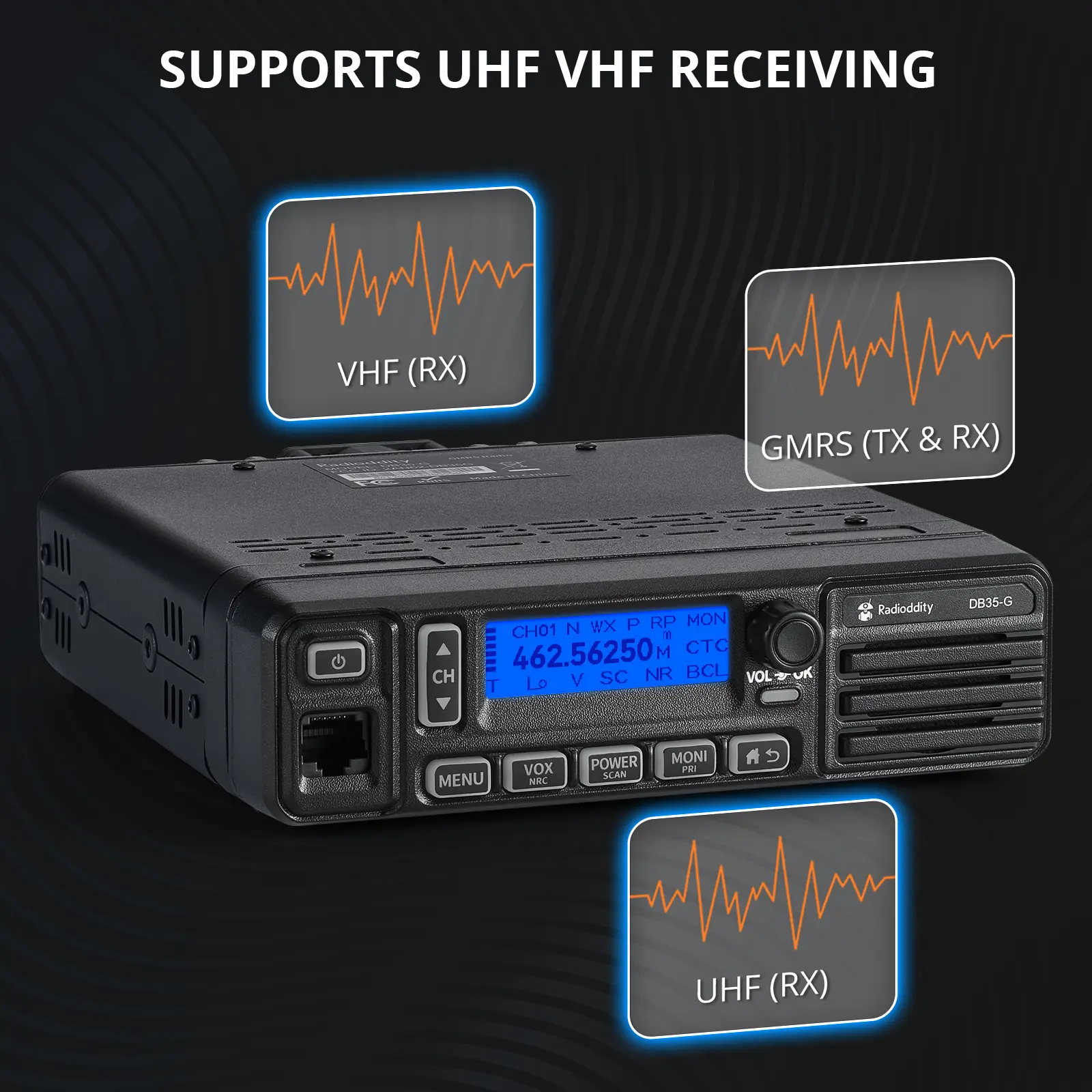 Radioddity DB35-G GMRS Mobile Radio | 35W | Detachable Faceplate | NRC Noise Reduction | 7-Color LCD Display | Programming Cable | UHF/VHF Receiver - Image 14