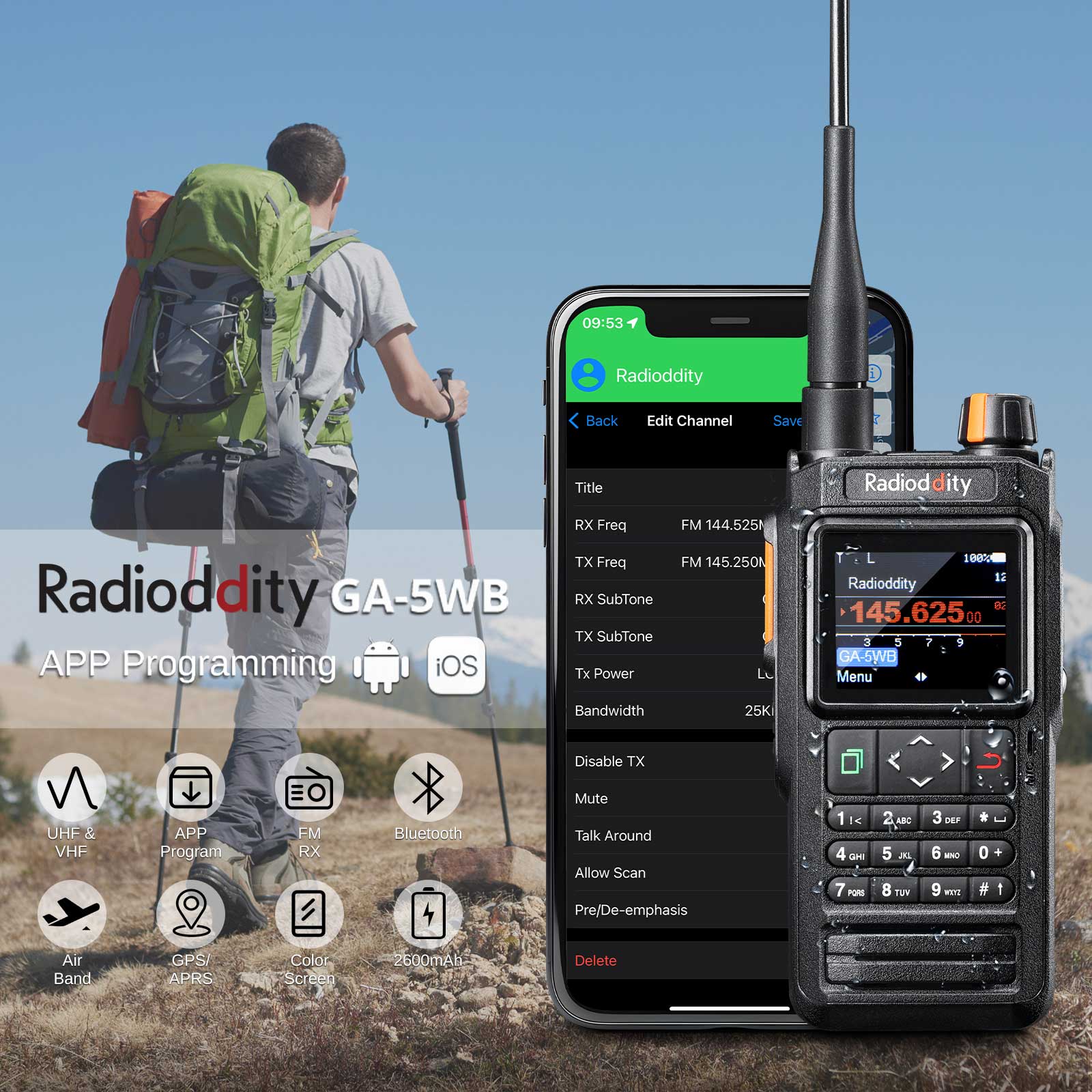 Radioddity GA-5WB | 5W | VHF & UHF | GPS & APRS | Bluetooth Programming | Air Band | IP67 | 2600mAh USB-C - Image 2